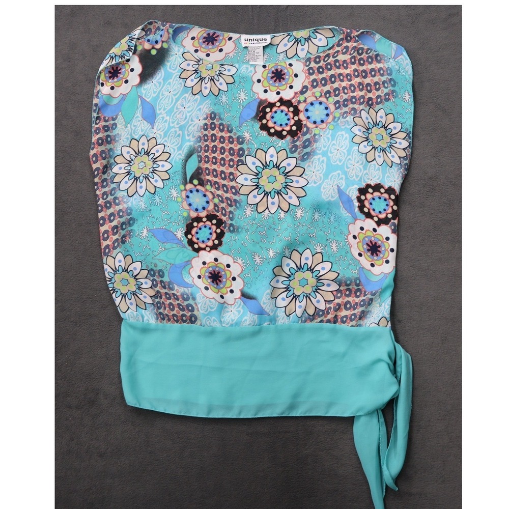 Unique Spectrum Floral Blouse Womens Sz M Turquoise Sleeveless Side Tie Blouson